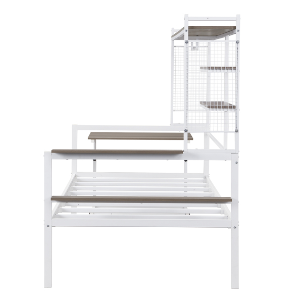 Twin size Metal Daybed with Movable Desk, Metal Grid, Shelves and Clothes Hanger, White