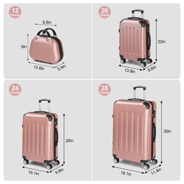 FCH Corner-Protected Four-Piece Set ABS Luggage 20in, 24in, 28in + 12in Handbag with ABS Material and Steel Telescopic Handle in Trendy Rose Gold