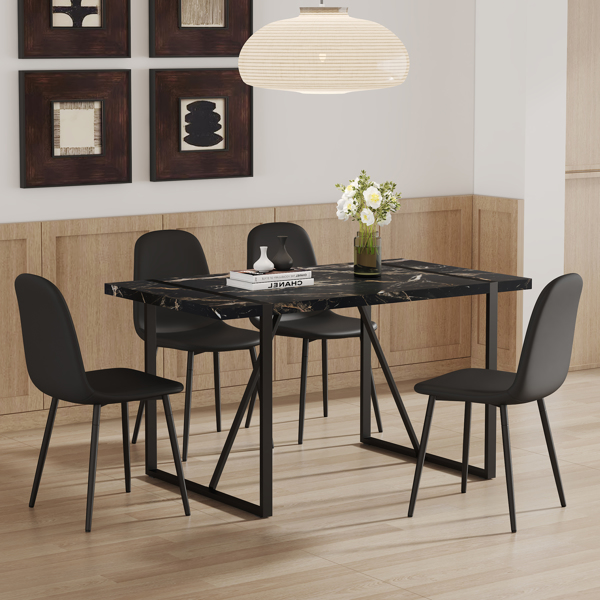 Table and chair set.Modern Black Marble Pattern MDF Dining Set - 55"x31.4" with 4 Cat Claw PU Chairs.Modern Mid-Century Style Upholstered Side Chairs,Spoon Shaped Chairs.Four Chairs per Box.