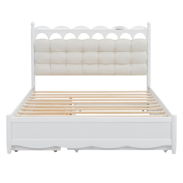 Queen Size Wooden Storage Platform Bed, with 2 Big Drawers, Twin-XL Size Trundle, White