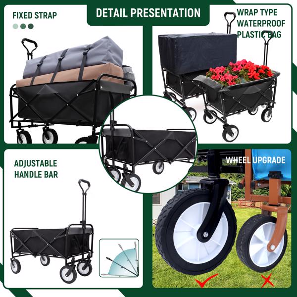 360lbs Collapsible Foldable Wagon Cart with strapping system ,Beach Wagon Utility Cart Utility Wagon Grocery Cart for Camping Shopping Sports Gardening Fishing Supports 3pcs plastic Liner bag black