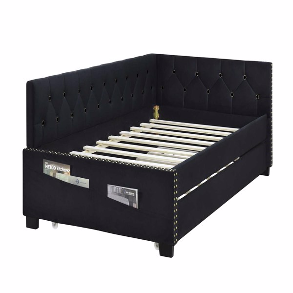 BLACK UPHOLSTERED TWIN SIZE DAYBED BED FRAME (CORNER BED) WITH TRUNDLE, VELVET FABRIC, STUDDING DESIGN, NO BOX SPRING REQUIRED, FITS ANY STYLE!