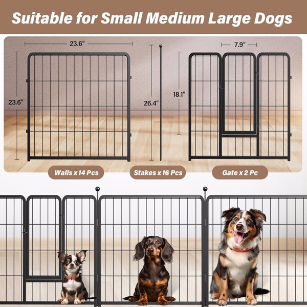 Dog Playpen Indoor Outdoor, 24" Height 16 Panels Fence with Anti-Rust Coating, Metal Heavy Portable Foldable Dog Pen for Small/Medium Dogs RV Camping, Black