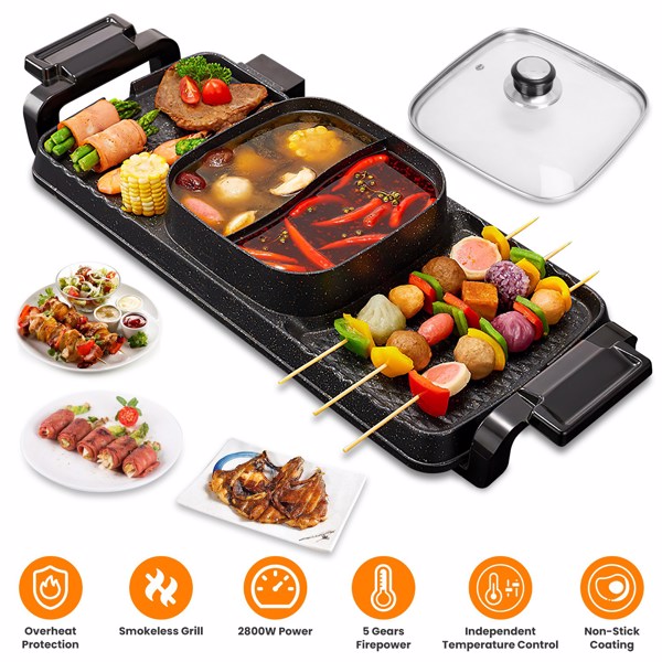 2 in 1 Hot Pot with Grill, Electric Hot Pot 2 in 1 Hot Pot BBQ Grill, Removable Hotpot Pot 2800W /Large Capacity Power Separate Temperature Control, Electric Grill for 2-10 People