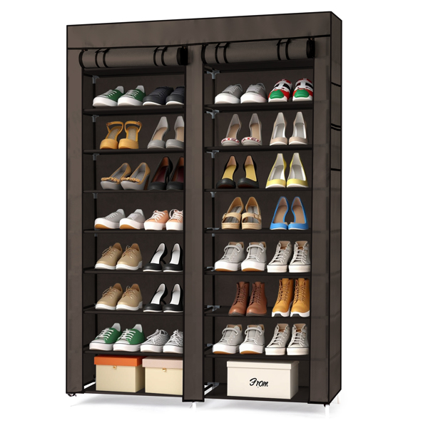 FCH Double Row 10-Tier Non-Woven Fabric Shoe Cabinet with Iron Pipes and Plastic Components, Brown