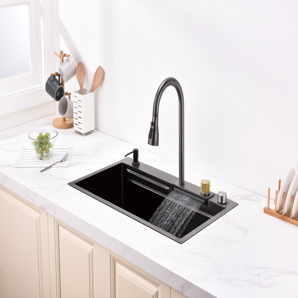 瀑布厨房水槽，黑色不锈钢单碗，带飞雨水龙头和砧板的多功能工作站，30×18“【周末不发货，TK/TEMU订单仅支持自提】-8