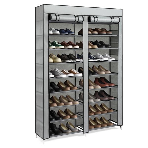 FCH Double Row 10-Tier Non-Woven Fabric Shoe Cabinet with Iron Pipes and Plastic Components, Gray