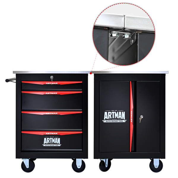 4 Drawers Multifunctional Tool Cart with Wheels,Metal Rolling Tool Cart Storage for Garage Workshop Warehouse Repair Shop--With  Stainless Steel Roof- BLACK&RED