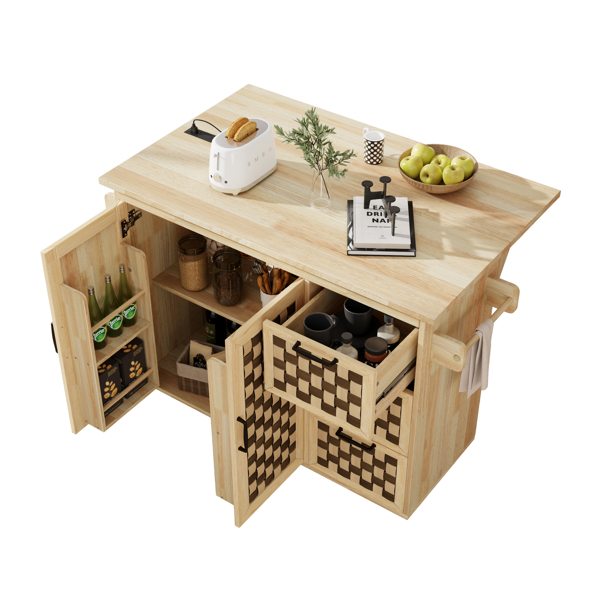 53.2"W 3D Woven Checkerboard Pattern Design Kitchen Island with Drop Leaf, Rolling Kitchen Island on Wheels with Internal Storage Rack, Power Outlet, Kitchen Cart with 3 Drawers 2 Cabinets, Nature