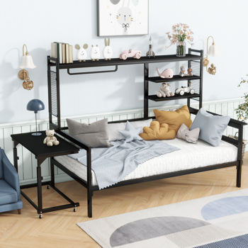 Twin size Metal Daybed with Movable Desk, Metal Grid, Shelves and Clothes Hanger, Black