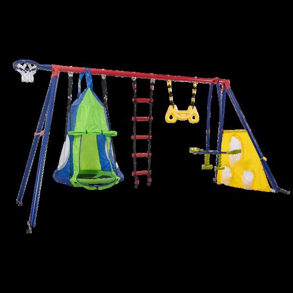 XNS092 rinbow colour interesting four function swingset with net swing and face to face metal plastic safe swing seat 550lbs for outdoor playground for age 3+