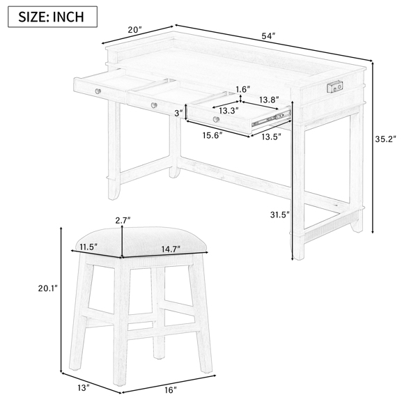 4-piece Dining Bar Table Set with 3 Upholstered Stools, Multifunctional Dining Table with 3 Drawers (Gray)