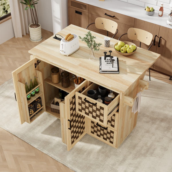 53.2"W 3D Woven Checkerboard Pattern Design Kitchen Island with Drop Leaf, Rolling Kitchen Island on Wheels with Internal Storage Rack, Power Outlet, Kitchen Cart with 3 Drawers 2 Cabinets, Nature