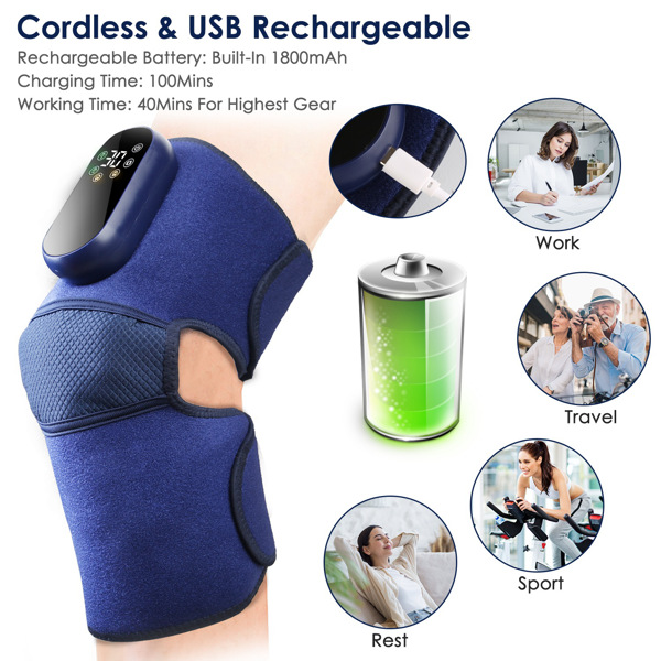 Cordless Knee Massager Heated Knee Brace Wrap Electric Knee Heating Pad with 5-Level Heating 3-Level Vibration 3-Mode & 3-Level Air Compression