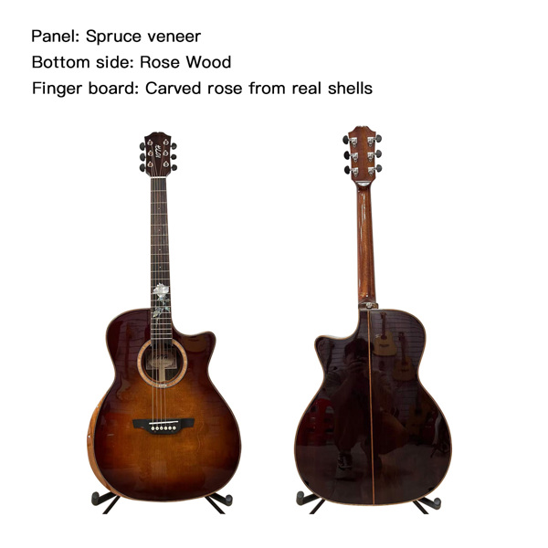 6-string Beginner Solid Spruce classic acoustic guitar, Rosewood fretboard (real shell carved rose), colored finish, right