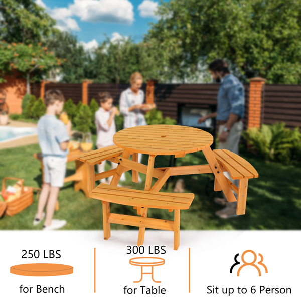 6-Person Outdoor Circular Wooden Picnic Table with 3 Built-In Benches, Outside Table and Bench Set for Porch Backyard Patio Lawn Garden