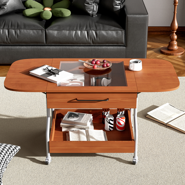 Modern Extended Coffee Table with Wheels, Folding Coffee Table with 1 drawer and 2-Tier Storage, Metal Frame Coffee Table for Living Room