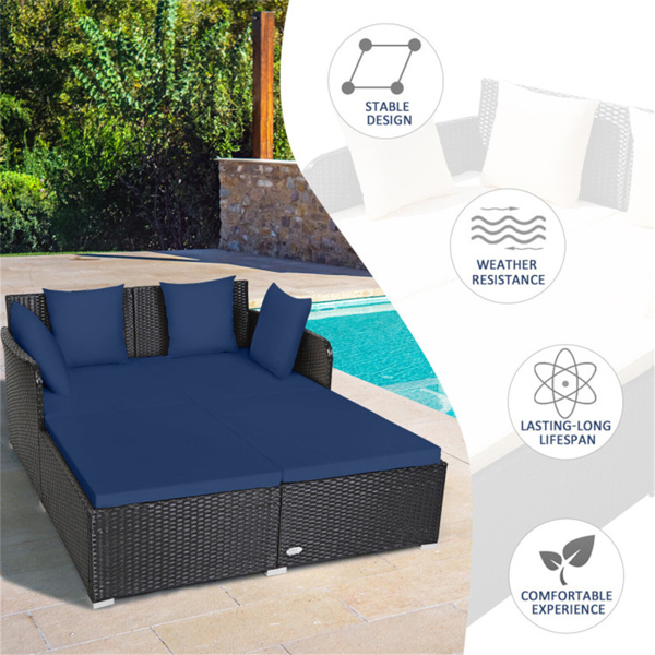 Navy Outdoor Rattan Daybed with Upholstered Cushions