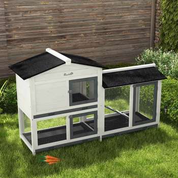 62\\" Rabbit Hutch, Wooden Bunny Hutch, Guinea Pig Cage, Small Animal Enclosure with Run Area, Removable Tray, Asphalt Roof, Lockable Doors and Ramp, White