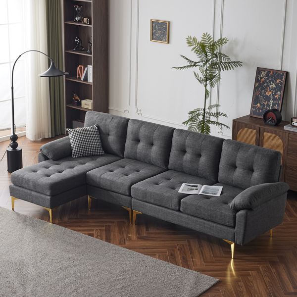 L-Shaped Sectional Sofa Couch for Living Room, Modern 4-Seater Tufted Linen Lounge Sleeper with Chaise, Dark Grey