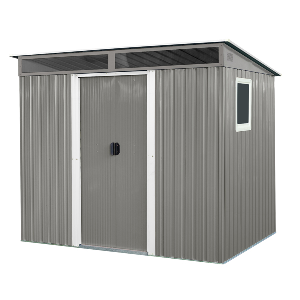 8 ft x 6 ft Outdoor Metal Storage Shed with Window,Transparent plate and lockable sliding door for Garden, Lawn (Gray)