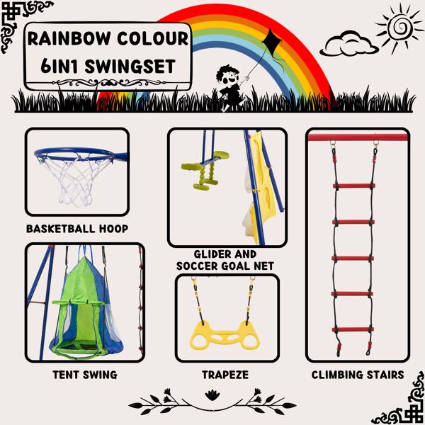 XNS092 rinbow colour interesting four function swingset with net swing and face to face metal plastic safe swing seat 550lbs for outdoor playground for age 3+