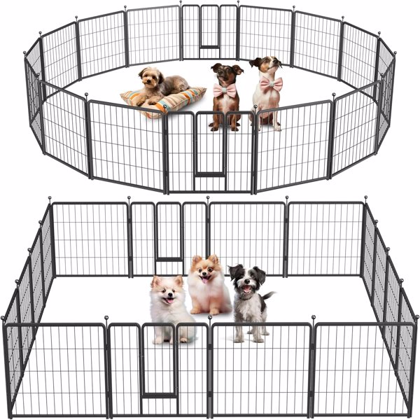 Dog Playpen Indoor Outdoor, 24" Height 16 Panels Fence with Anti-Rust Coating, Metal Heavy Portable Foldable Dog Pen for Small/Medium Dogs RV Camping, Black