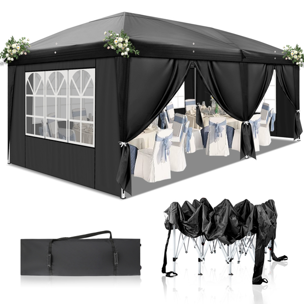 3 x 6m Four Windows Practical Waterproof Folding Tent Black 