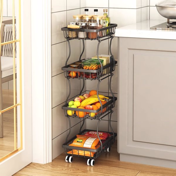 Kitchen with 4 layers of slender fruit baskets, stackable metal wire fruit and vegetable storage baskets with wheeled storage racks, metal agricultural product baskets, black