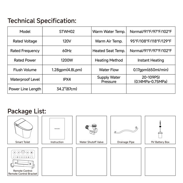 Intelligent Toilet, Press Flush Button, Automatic Opening and Closing, Automatic Flushing, Foot Sensor, Heated Seat, ADA Seat Height Design and Antibacterial Nozzle[Unable to ship on weekends]