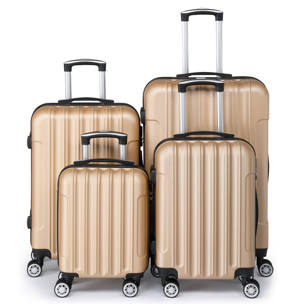 FCH Four-Piece Set Vertical Stripe ABS Luggage 16in, 20in, 24in, 28in with ABS Material and Steel Telescopic Handle in Trendy Champagne Gold