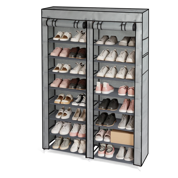 FCH Double Row 10-Tier Non-Woven Fabric Shoe Cabinet with Iron Pipes and Plastic Components, Gray