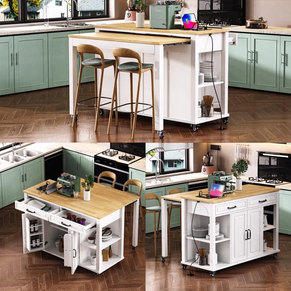 47 inch Kitchen Island with Extendable Dining Table, Rubber Wood Veneer Kitchen Table with Internal Storage Rack, Power Outlet, Kitchen island with Storage 2 Drawers 2 Cabinet,White