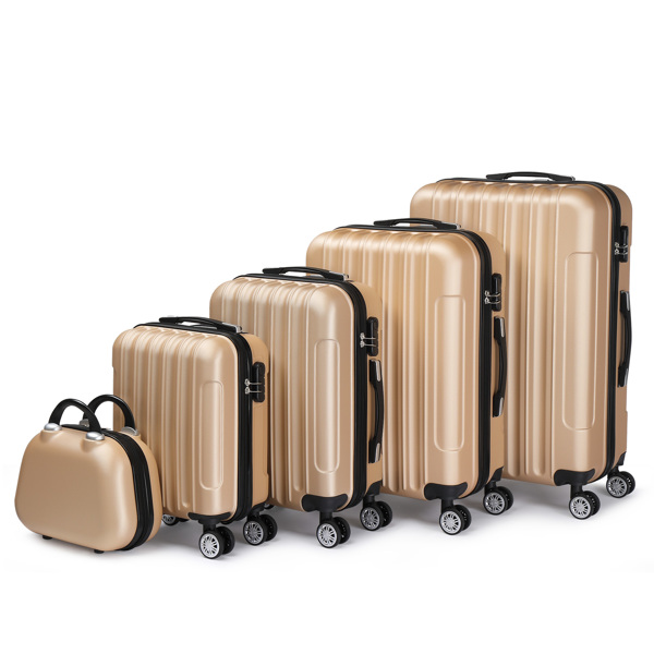 FCH Vertical Stripe Five-Piece Set ABS Luggage 16in, 20in, 24in, 28in + 12in Handbag with ABS Material and Steel Telescopic Handle in Trendy Champagne Gold