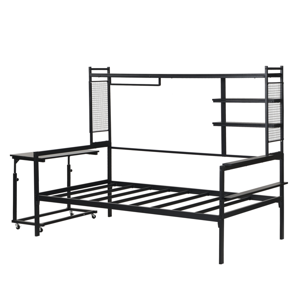 Twin size Metal Daybed with Movable Desk, Metal Grid, Shelves and Clothes Hanger, Black