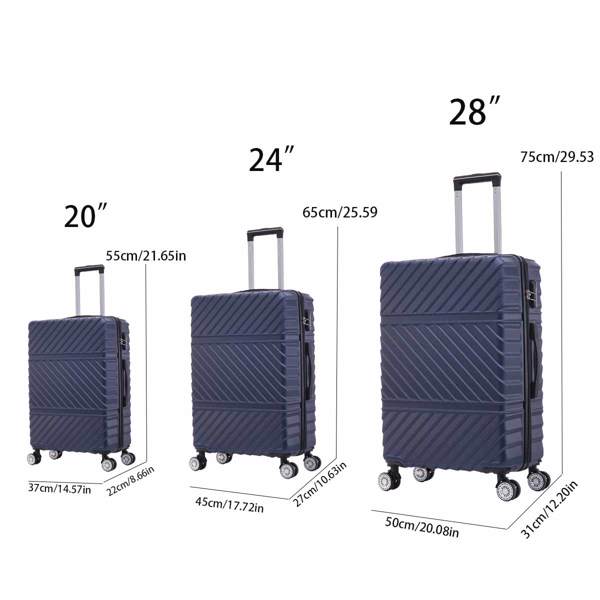 3-piece travel lightweight suitcase with wheels, password lock, business and travel carry on luggage, blue (20 inches/24 inches/28 inches)