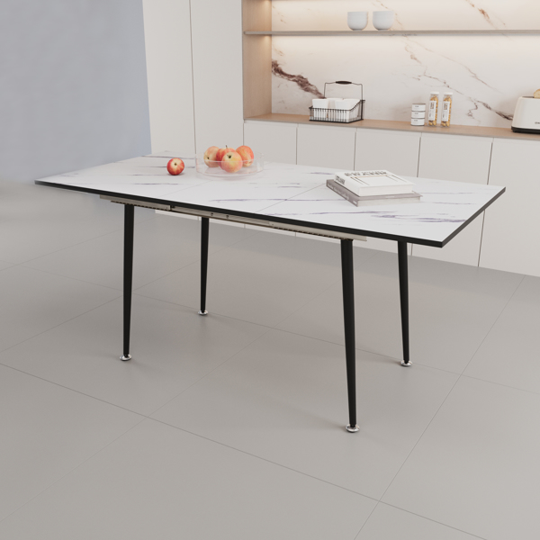 47" expandable to 63" inch MDF square white marble patterned dining table, modern industrial kitchen and dining table, equipped with tapered black metal legs,suitable for living rooms, gatherings, etc