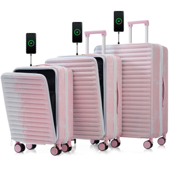 Luggage 3 Piece Sets20/24/28\\", 20 \\"24\\" with front pocket,Hard Shell Luggage Carry on Luggage Set with TSA Lock , usb interface, universal wheel,cup holder,gradient pink