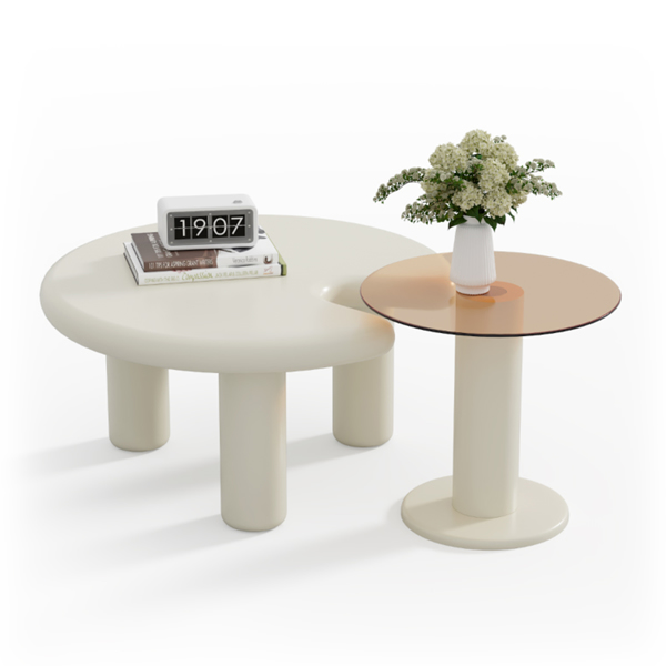 Circular Beige Cream Coffee Table Set Easy Assembly for Living Room