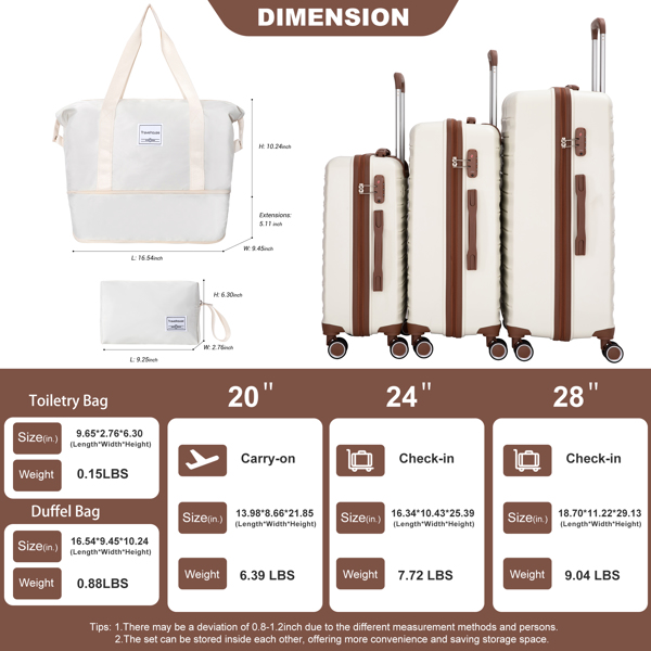 5-Piece Set (20"24"28 +a travel bag and a toiletry bag) ,PP Hardshell Carry on Luggage Set with TSA Lock Carry On Suitcase Luggage  Durable Suitcase  Color WHITE.