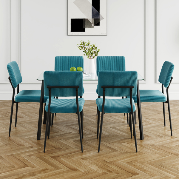 Modern simple table with a glass square table and six chairs. Transparent tempered glass countertop, black metal legs, suitable for kitchen living room dining room (set of 7)