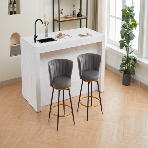 Counter Height Bar Stools Set of 2, 360° Swivel Upholstered Barstools with Backs and Metal Legs, 26" H Seat Height, Velvet Fabric,Goldy Footrest