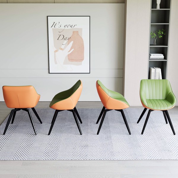 一套4把餐椅，中世纪现代厨房餐椅，黑色金属腿PU装饰椅，适合家庭和厨房（绿色和橙色）-4