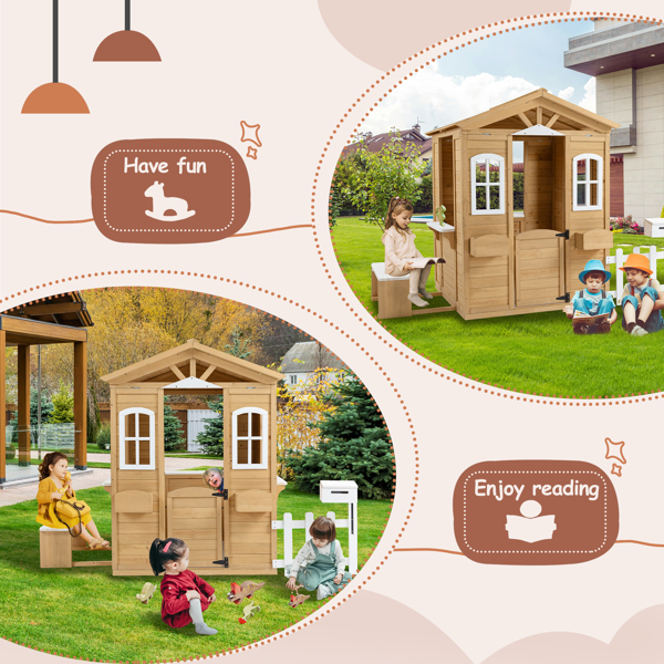 Wooden Playhouse for Kids Outdoor with Working Door, Windows, Mailbox, Bench, Flowers Pot Holde