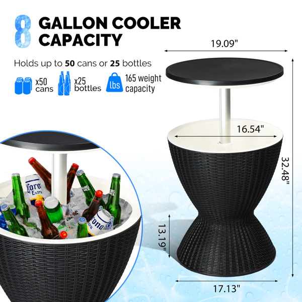 Outdoor Cooler Table, Height-Adjustable Outdoor Cool Bar w/ 8 Gallon Beer and Wine Cooler, All-Weather Resistant Patio Cooler Ice Cool Bar for Deck Pool Party (Black)