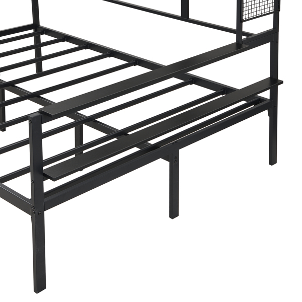 Full size Metal Daybed with Movable Desk, Metal Grid, Shelves and Clothes Hanger, Black