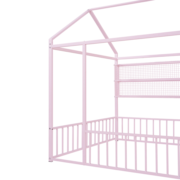 Full Size Metal Bed House Bed Frame with Fence and Shelves, Pink