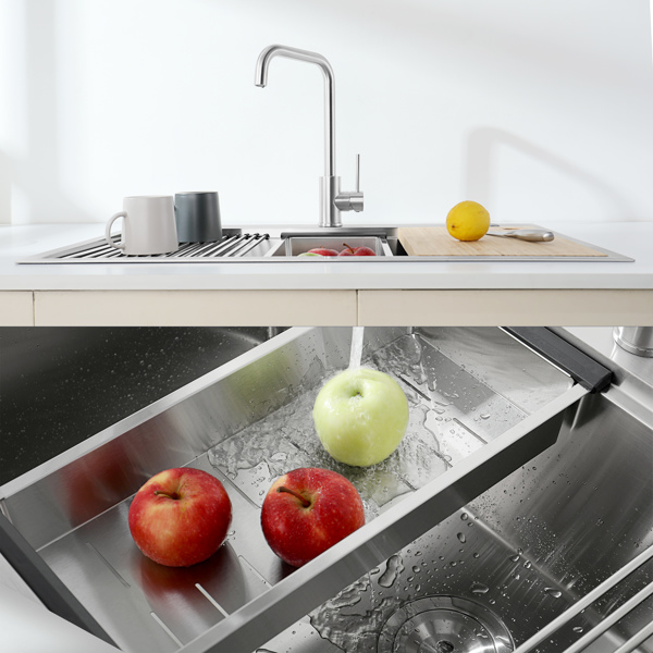 Kitchen Sink 33" x 22" Multifunctional Undermount Workstation S304 Stainless Steel Handmade Single Bowl with Accessories and Integrated Ledge - 10 Inch Depth[Unable to ship on weekends]