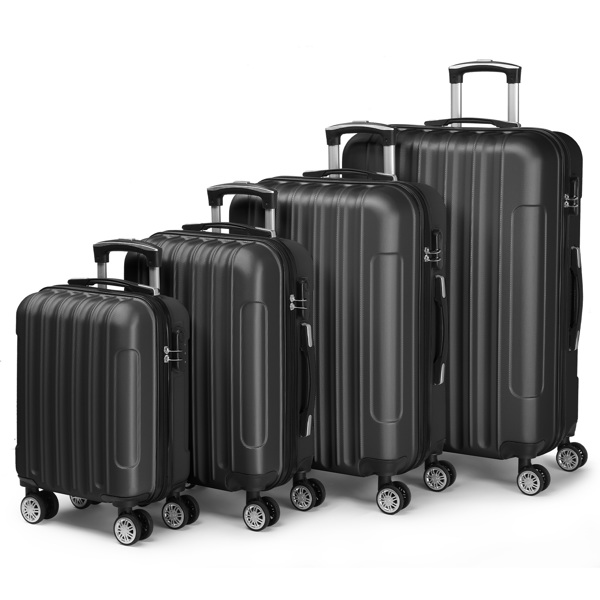 FCH Four-Piece Set Vertical Stripe ABS Luggage 16in, 20in, 24in, 28in with ABS Material and Steel Telescopic Handle in Classic Black