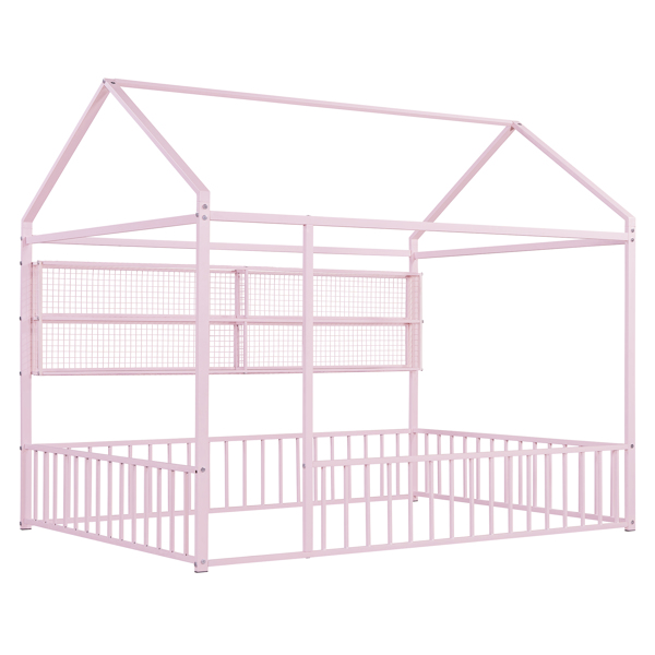 Full Size Metal Bed House Bed Frame with Fence and Shelves, Pink